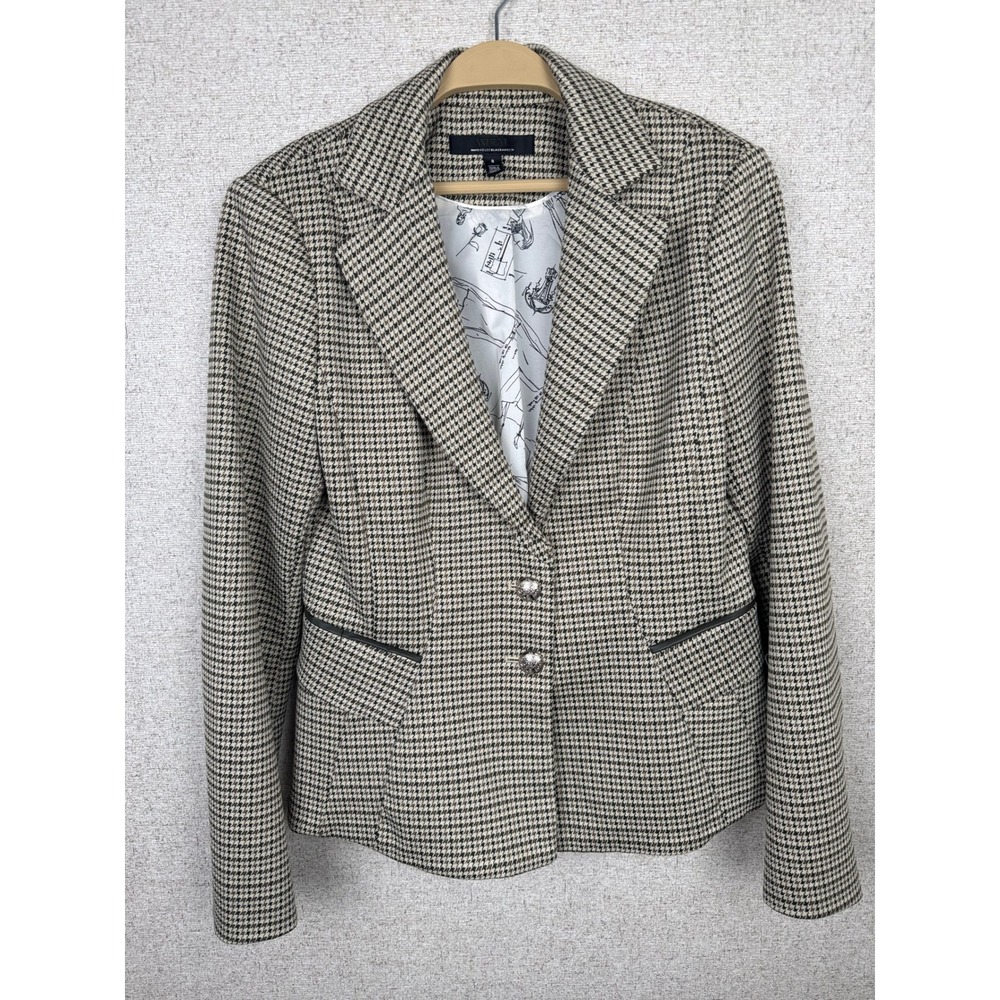 White House Black Market Brown Houndstooth Signature Blazer Faux Leather Size 8